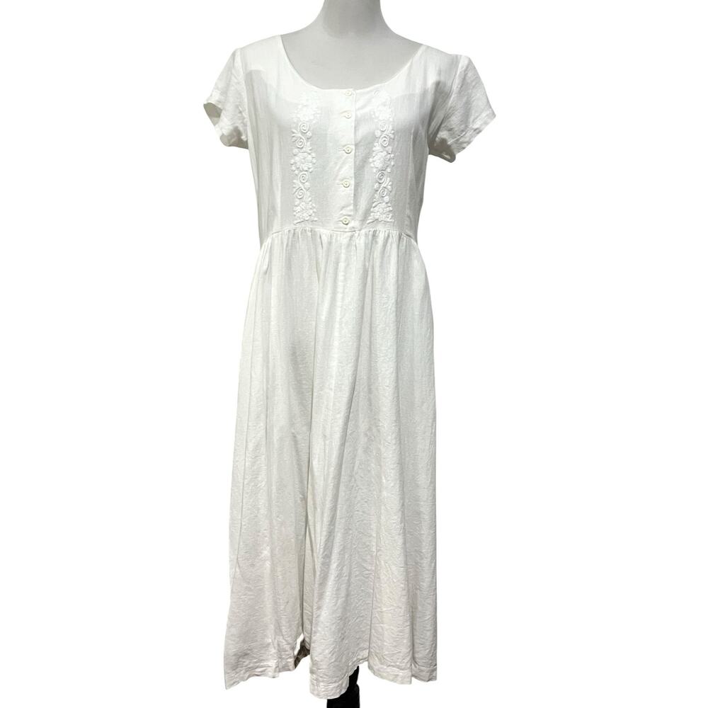 Women’s Vintage White Cotton Dress Floral Embroidered Midi Cottage Prairie Sz M